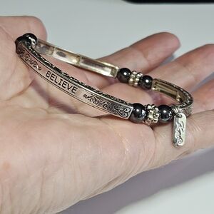 Ku Silver Tone Magnetic Hematite "Believe" Sentiment Bracelet 7.25"